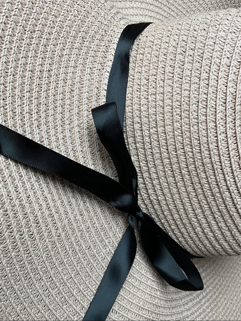 Wide Brim Straw Sun Hat with Black Ribbon - Blush Pink